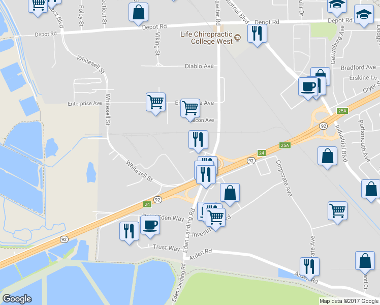 map of restaurants, bars, coffee shops, grocery stores, and more near 3526 Breakwater Court in Hayward