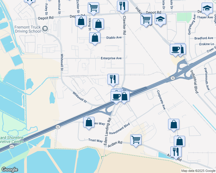 map of restaurants, bars, coffee shops, grocery stores, and more near 3526 Breakwater Court in Hayward