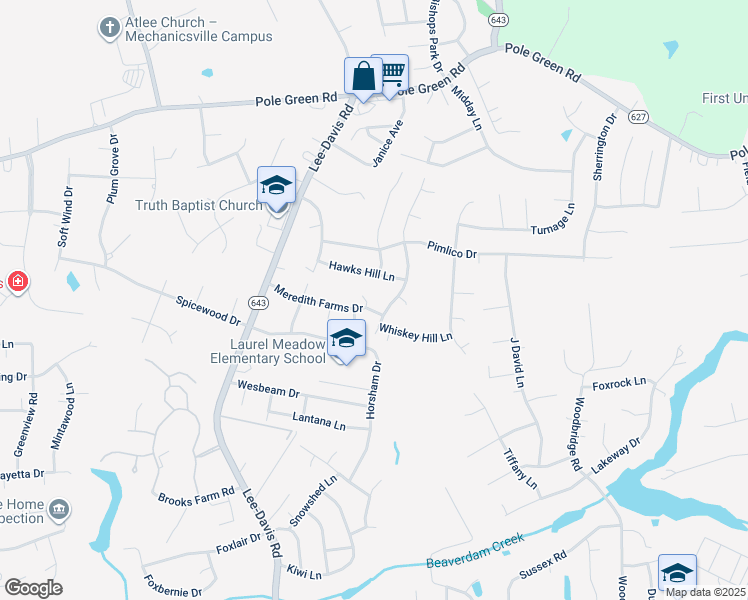 map of restaurants, bars, coffee shops, grocery stores, and more near 8216 Prism Court in Mechanicsville