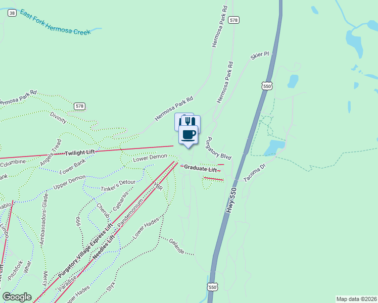 map of restaurants, bars, coffee shops, grocery stores, and more near 1 Skier Place in Durango