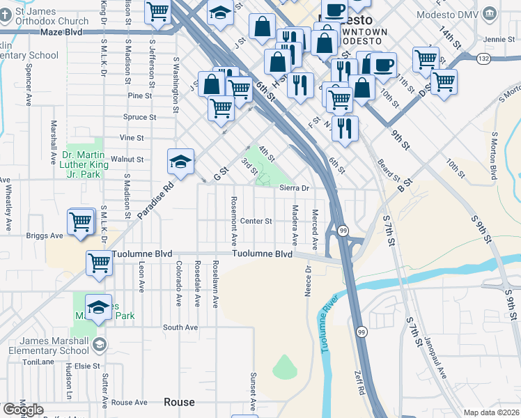 map of restaurants, bars, coffee shops, grocery stores, and more near 116 Fresno Avenue in Modesto