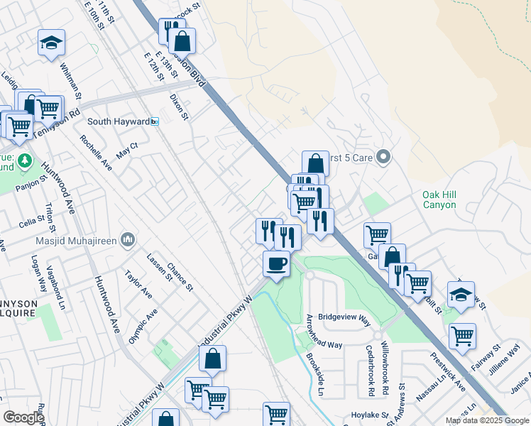map of restaurants, bars, coffee shops, grocery stores, and more near 385 Line Street in Hayward