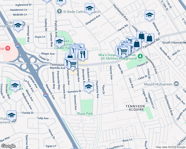 map of restaurants, bars, coffee shops, grocery stores, and more near 27848 Browning Court in Hayward