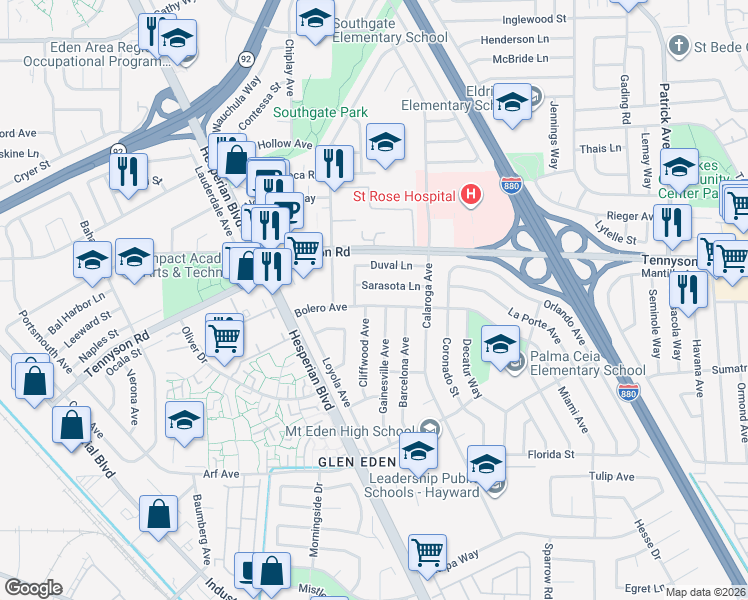 map of restaurants, bars, coffee shops, grocery stores, and more near 2083 Sarasota Lane in Hayward