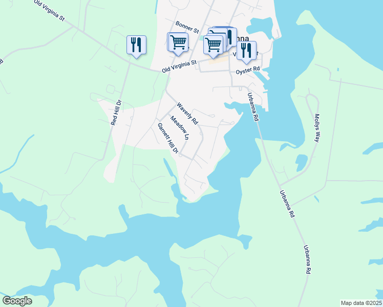 map of restaurants, bars, coffee shops, grocery stores, and more near 478 Waverly Road in Urbanna