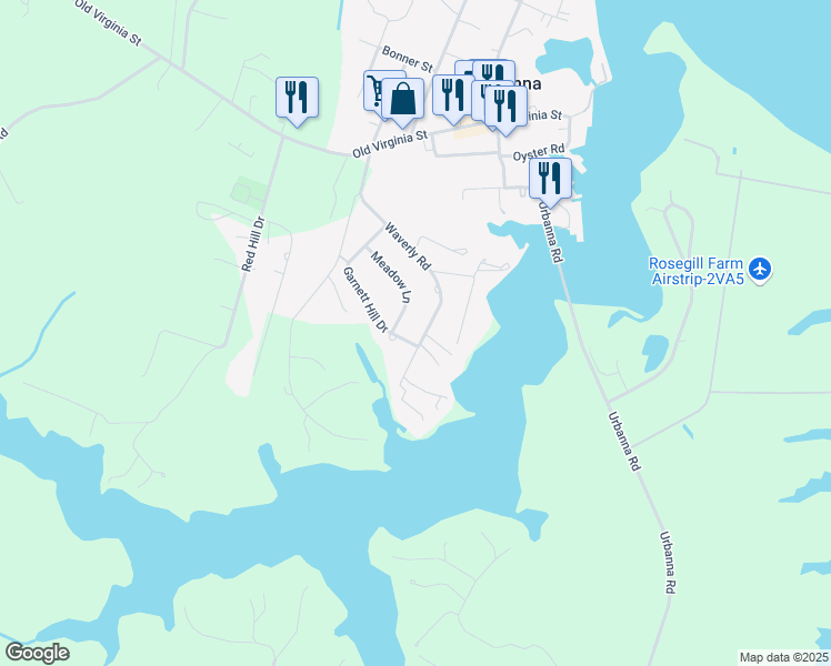 map of restaurants, bars, coffee shops, grocery stores, and more near 478 Waverly Road in Urbanna
