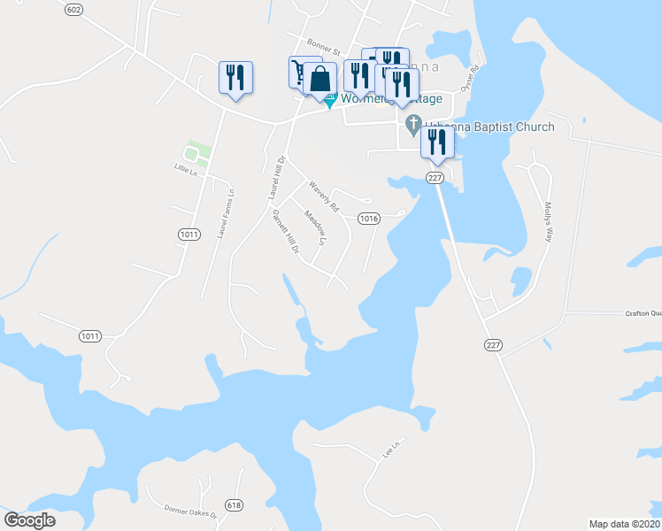 map of restaurants, bars, coffee shops, grocery stores, and more near 478 Waverly Road in Urbanna