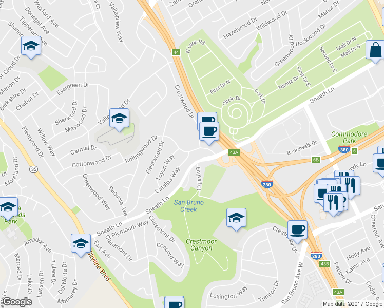 map of restaurants, bars, coffee shops, grocery stores, and more near 2161 Rollingwood Drive in San Bruno