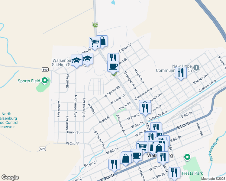 map of restaurants, bars, coffee shops, grocery stores, and more near 100-426 W Spruce St in Walsenburg