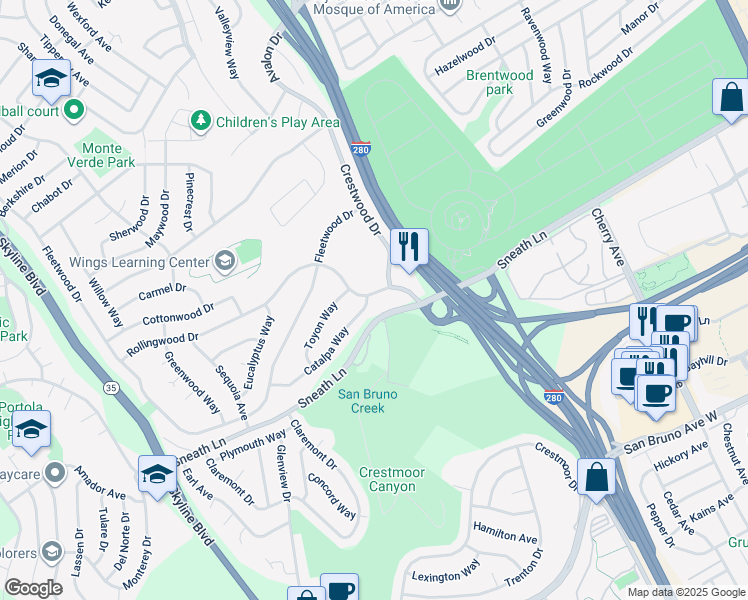map of restaurants, bars, coffee shops, grocery stores, and more near 2161 Rollingwood Drive in San Bruno