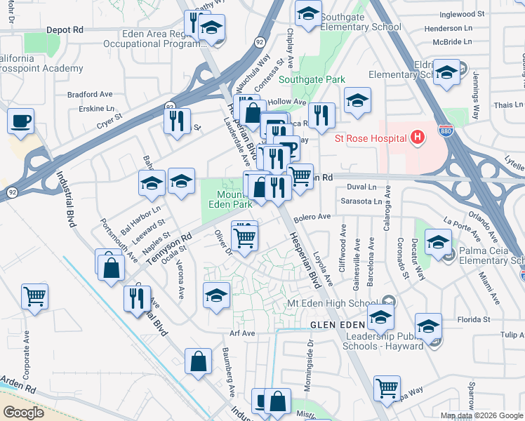 map of restaurants, bars, coffee shops, grocery stores, and more near 27451 Hesperian Boulevard in Hayward