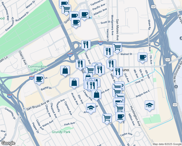 map of restaurants, bars, coffee shops, grocery stores, and more near 876 Hensley Avenue in San Bruno