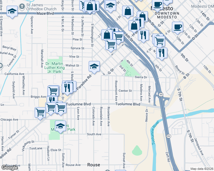map of restaurants, bars, coffee shops, grocery stores, and more near 128 Roselawn Avenue in Modesto
