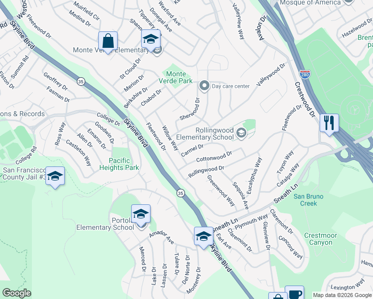 map of restaurants, bars, coffee shops, grocery stores, and more near 2860 Carmel Drive in San Bruno