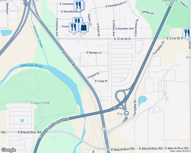 map of restaurants, bars, coffee shops, grocery stores, and more near 3401 Crystal Street in Wichita
