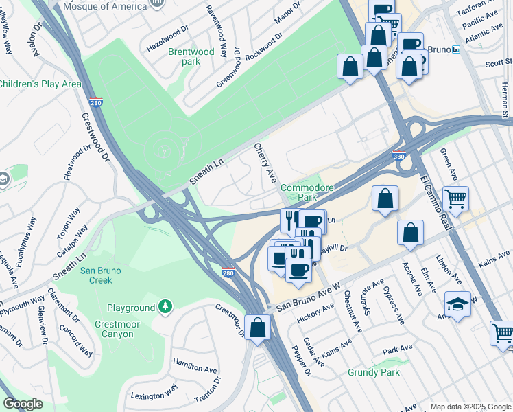 map of restaurants, bars, coffee shops, grocery stores, and more near 1031 Cherry Avenue in San Bruno