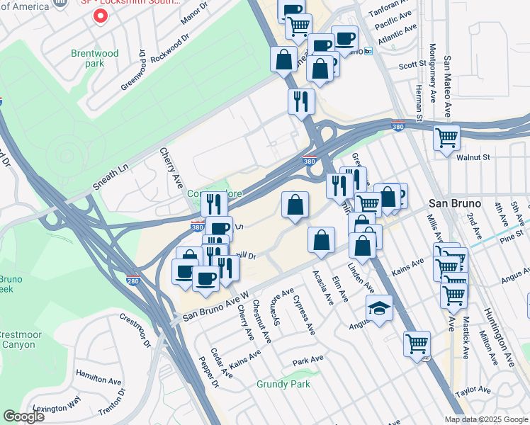 map of restaurants, bars, coffee shops, grocery stores, and more near 1100 Grundy Lane in San Bruno