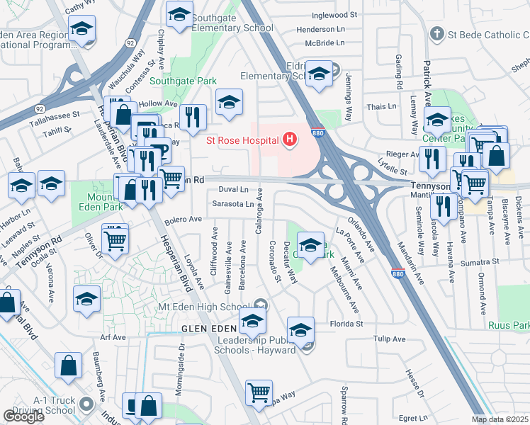 map of restaurants, bars, coffee shops, grocery stores, and more near 27480 Calaroga Avenue in Hayward
