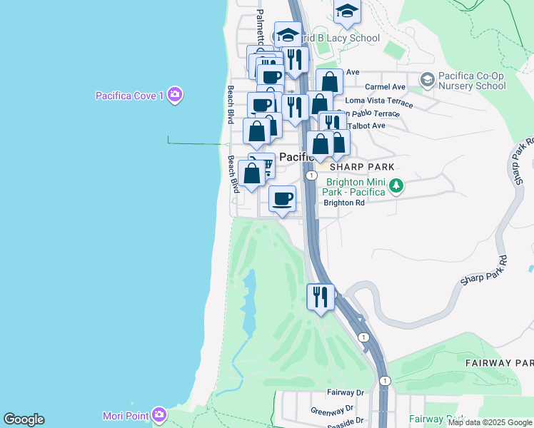 map of restaurants, bars, coffee shops, grocery stores, and more near 107 Clarendon Road in Pacifica