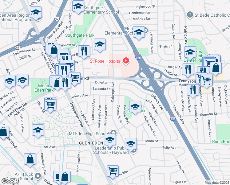 map of restaurants, bars, coffee shops, grocery stores, and more near 27480 Calaroga Avenue in Hayward