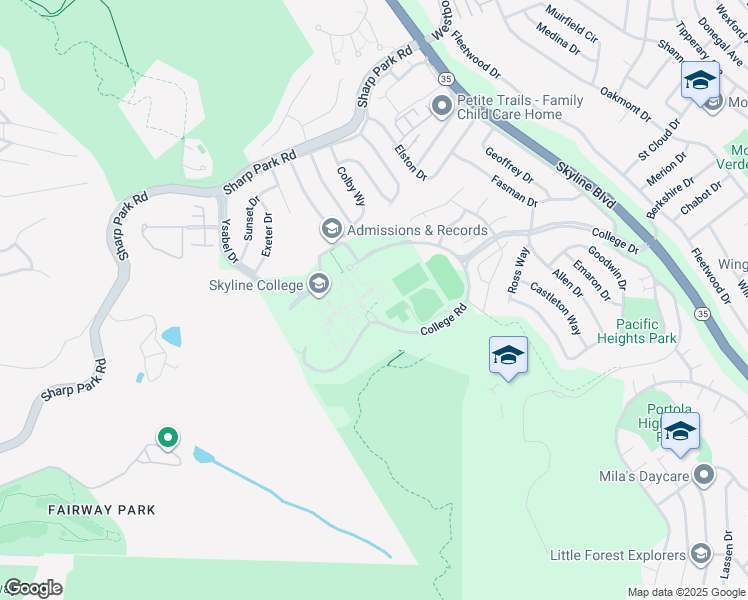map of restaurants, bars, coffee shops, grocery stores, and more near 3300 College Drive in San Bruno