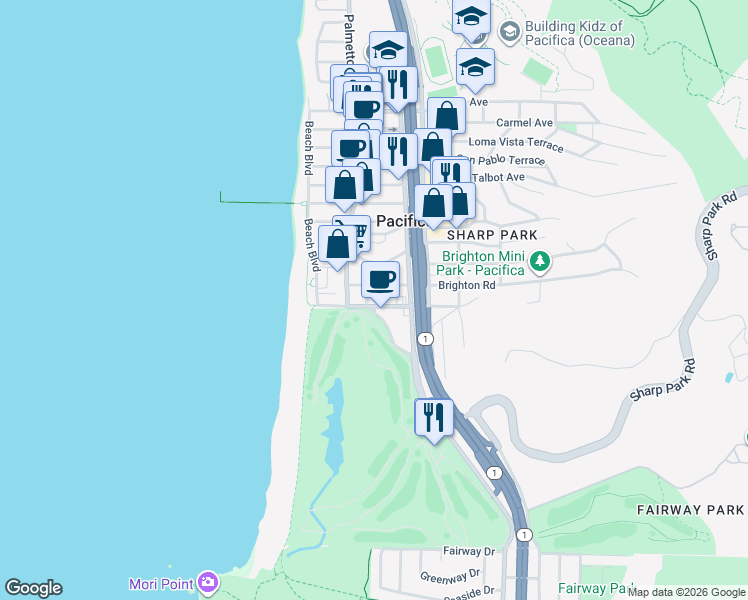 map of restaurants, bars, coffee shops, grocery stores, and more near 112 Brighton Road in Pacifica