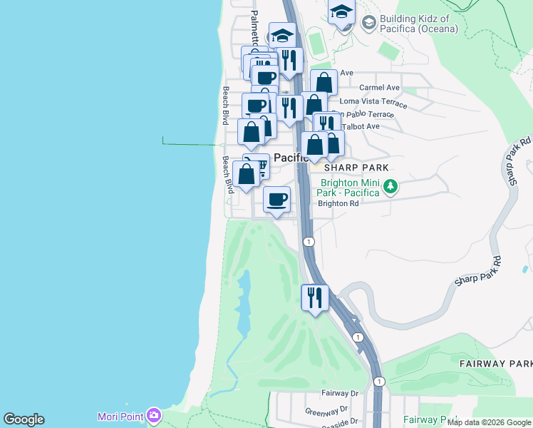 map of restaurants, bars, coffee shops, grocery stores, and more near 112 Brighton Road in Pacifica