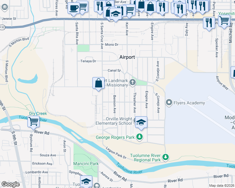 map of restaurants, bars, coffee shops, grocery stores, and more near 611 Kerr Avenue in Modesto