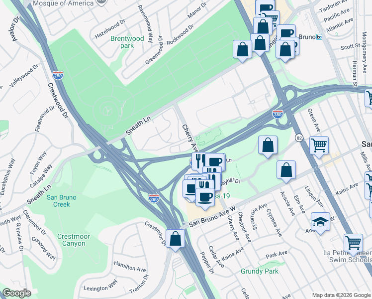 map of restaurants, bars, coffee shops, grocery stores, and more near 104 Boardwalk Place in San Bruno
