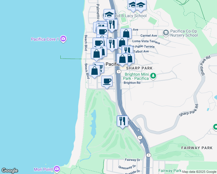 map of restaurants, bars, coffee shops, grocery stores, and more near 112 Brighton Road in Pacifica