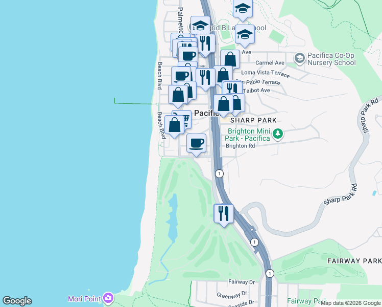 map of restaurants, bars, coffee shops, grocery stores, and more near 112 Brighton Road in Pacifica