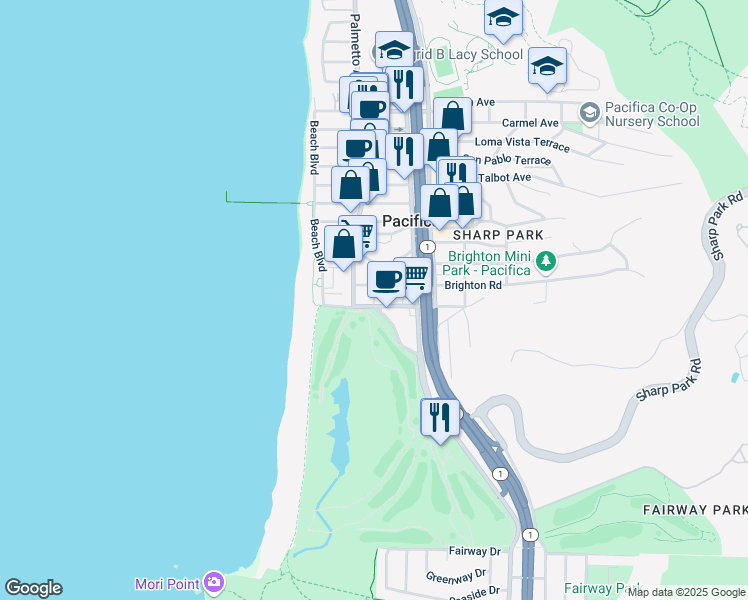 map of restaurants, bars, coffee shops, grocery stores, and more near 112 Brighton Road in Pacifica