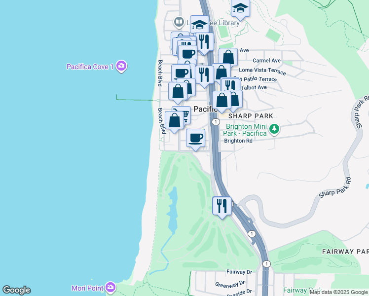 map of restaurants, bars, coffee shops, grocery stores, and more near 112 Brighton Road in Pacifica