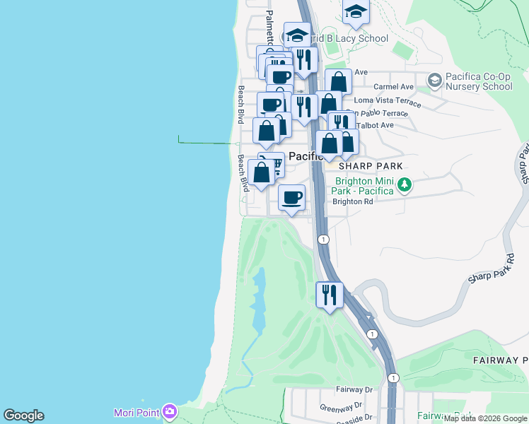 map of restaurants, bars, coffee shops, grocery stores, and more near 2309 Palmetto Avenue in Pacifica