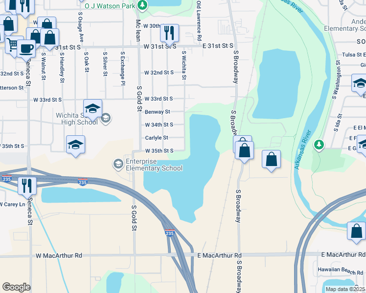 map of restaurants, bars, coffee shops, grocery stores, and more near 311 Carlyle Street in Wichita