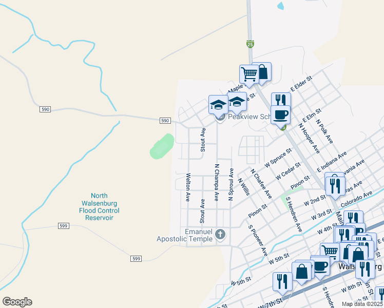 map of restaurants, bars, coffee shops, grocery stores, and more near 616 North Welton Avenue in Walsenburg