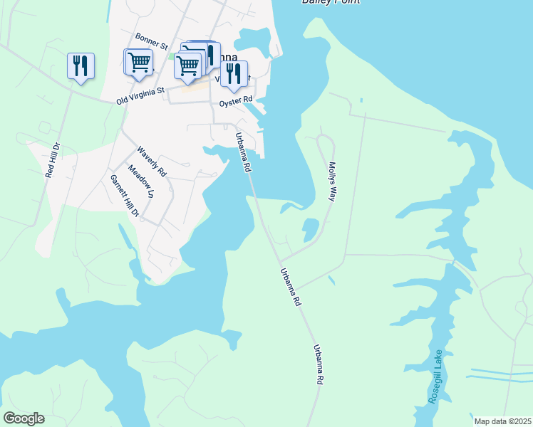 map of restaurants, bars, coffee shops, grocery stores, and more near 105 Mariners Way in Urbanna