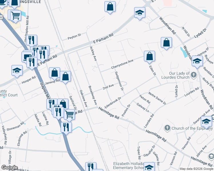 map of restaurants, bars, coffee shops, grocery stores, and more near 8503 Ackley Avenue in Richmond