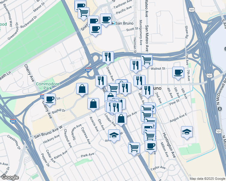 map of restaurants, bars, coffee shops, grocery stores, and more near 852 Hensley Avenue in San Bruno