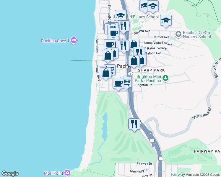 map of restaurants, bars, coffee shops, grocery stores, and more near 2309 Palmetto Avenue in Pacifica