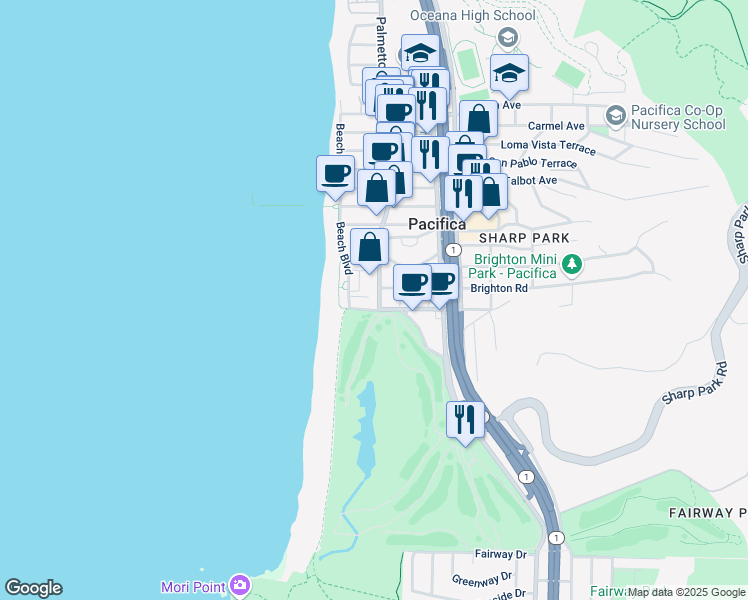 map of restaurants, bars, coffee shops, grocery stores, and more near 2309 Palmetto Avenue in Pacifica