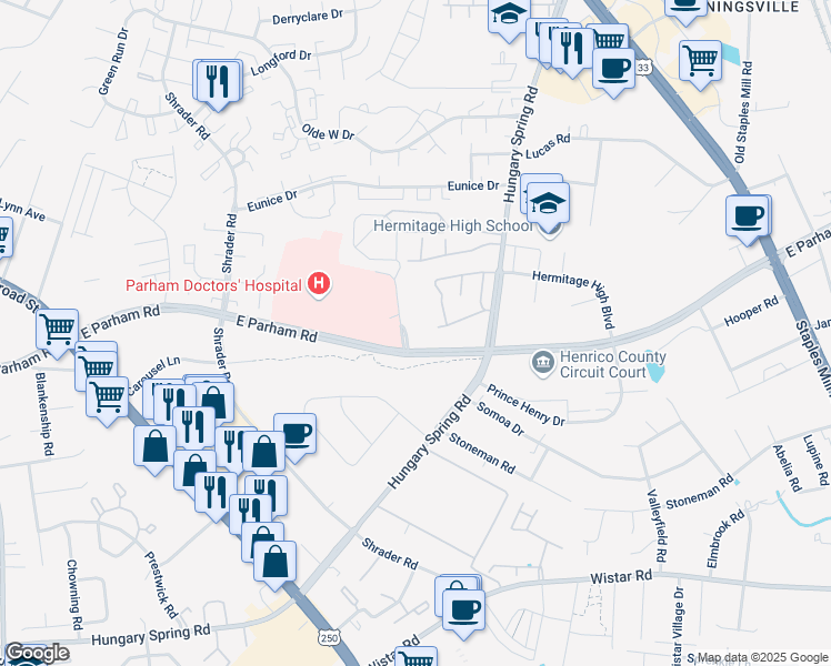 map of restaurants, bars, coffee shops, grocery stores, and more near 7590 East Parham Road in Richmond