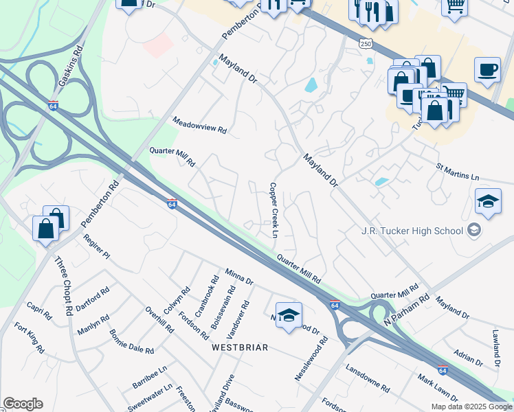 map of restaurants, bars, coffee shops, grocery stores, and more near 3030 Quarter Creek Lane in Henrico