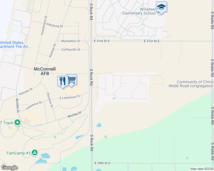 map of restaurants, bars, coffee shops, grocery stores, and more near 3636 South Rock Road in Wichita