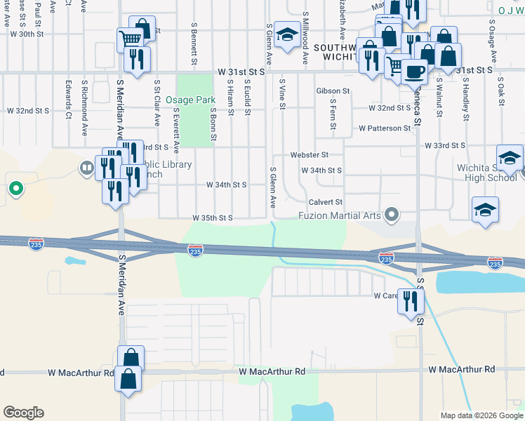 map of restaurants, bars, coffee shops, grocery stores, and more near 3529 South Glenn Avenue in Wichita