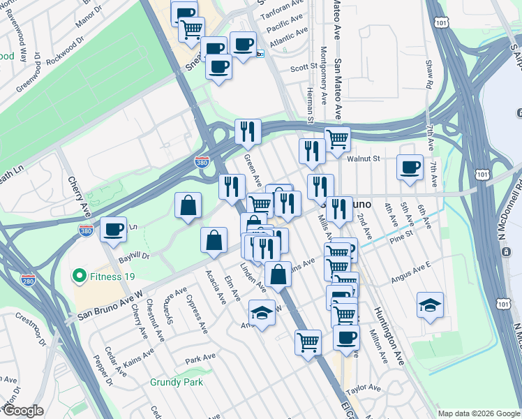 map of restaurants, bars, coffee shops, grocery stores, and more near 852 Hensley Avenue in San Bruno