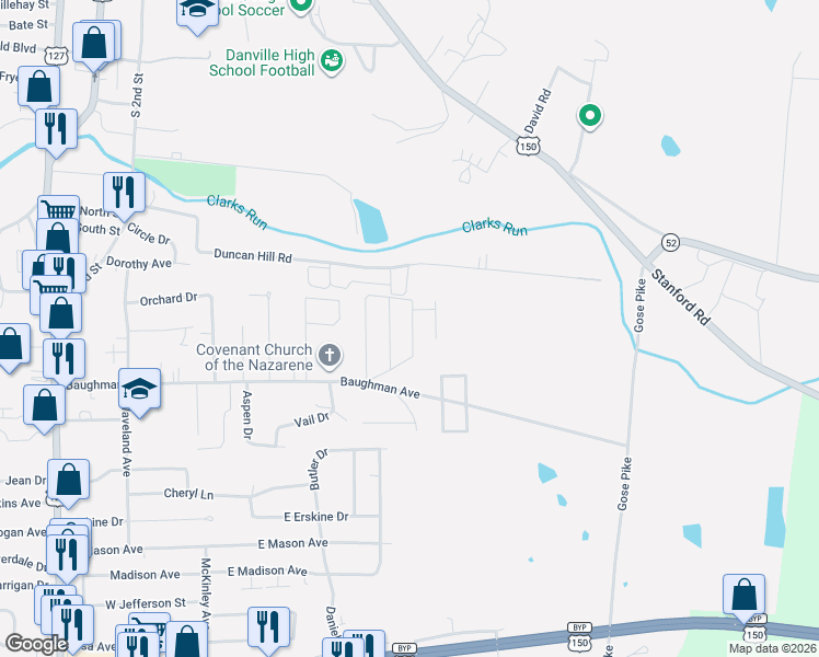 map of restaurants, bars, coffee shops, grocery stores, and more near 128 Imperial Drive in Danville