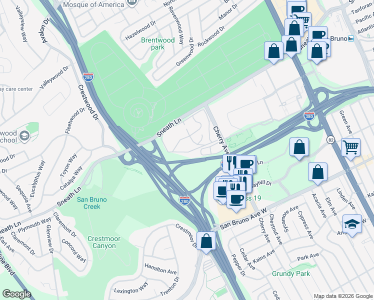 map of restaurants, bars, coffee shops, grocery stores, and more near 406 Boardwalk Avenue in San Bruno