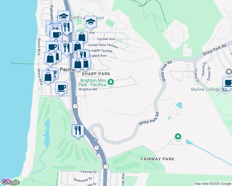 map of restaurants, bars, coffee shops, grocery stores, and more near 510 Brighton Road in Pacifica