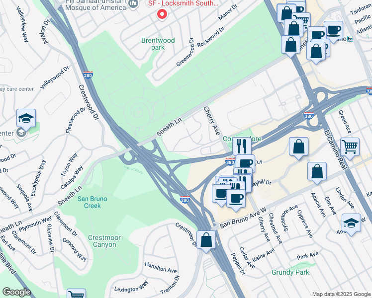 map of restaurants, bars, coffee shops, grocery stores, and more near 402 Boardwalk Drive in San Bruno